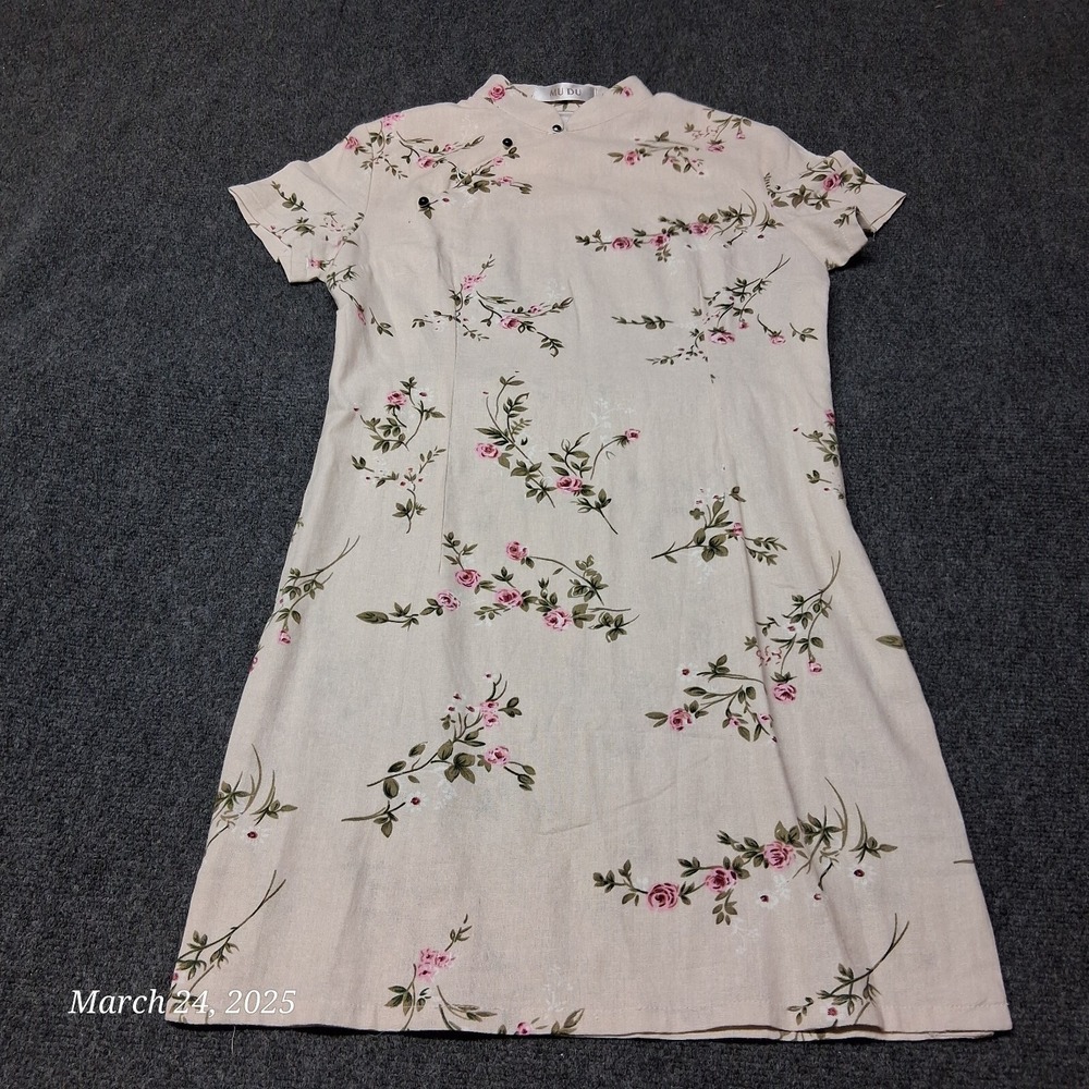 Mu Du Dress Teen Girls Size XXL Asian Floral Linen Knee Length Short Sleeve